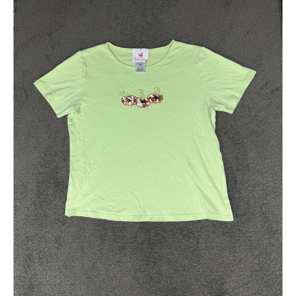 Quacker Factory Lime Green Sequin Pumpkin Fall Short Sleeve Cotton Top Small